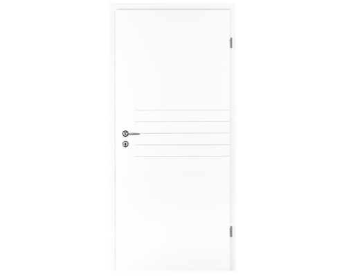 Weiße Innentür mit horizontalen Zierlinien, Griff und Schloss.