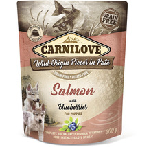 Carnilove Wild-Origin Pieces in Pastete mit Lachs und Blaubeeren für Welpen, 300 Gramm, getreidefrei