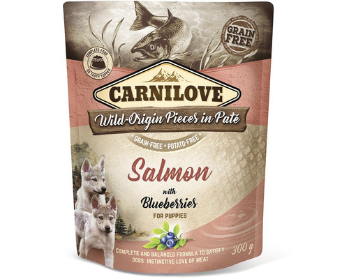 Carnilove Wild-Origin Pieces in Pastete mit Lachs und Blaubeeren für Welpen, 300 Gramm, getreidefrei