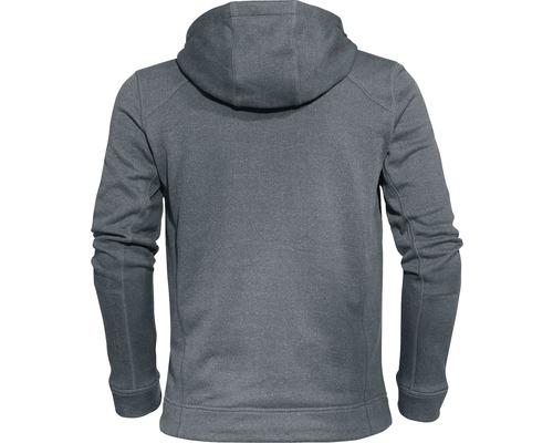 Grauer Hoodie mit Kapuze, Rückansicht.