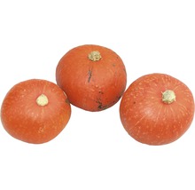 Drei orangefarbene Hokkaidokürbisse