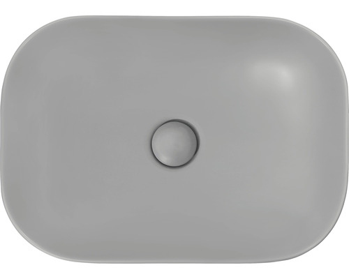Aufsicht auf ein rechteckiges Aufsatzwaschbecken aus Keramik mit Ablaufgarnitur