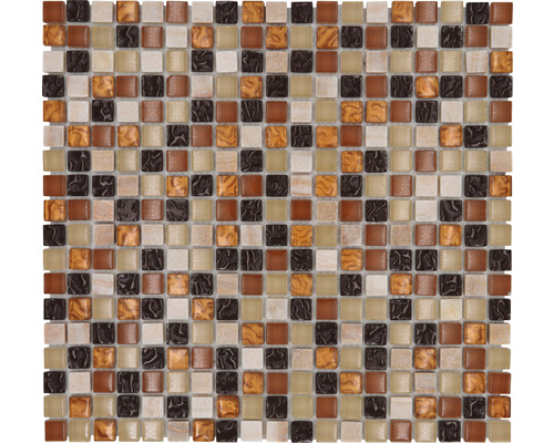 Glasmosaik mit Naturstein XCM M830 32,2x30,5 cm beige/braun Mosaikfliese mit quadratischen Steinen in verschiedenen Braun- und Beigetönen