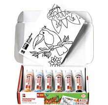 Fensterfarben-Set für Kinder mit Ausmalvorlagen in geöffneter Verpackung