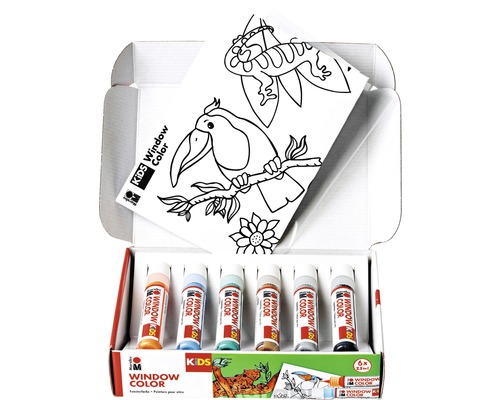 Fensterfarben-Set für Kinder mit Ausmalvorlagen in geöffneter Verpackung