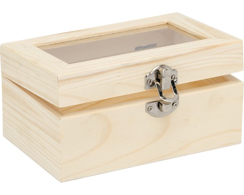 Offene Holzkiste mit Klarsichtfenster und Verschluss