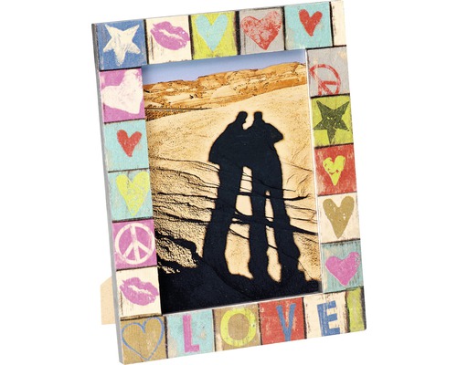 Bilderrahmen mit Herz, Kussmund, Stern, Friedenszeichen und dem Wort Liebe