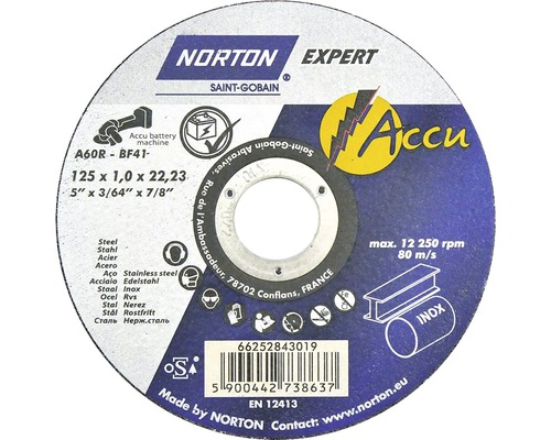Trennscheibe Norton Stahl/Inox Ø 125x22,23 mm Norton Expert Trennscheibe mit den Maßen 125 x 1,0 x 22,23 Millimeter für Akku-Maschinen
