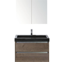 Badmöbel-Set Sanox Dante BxHxT 81 x 170 x 45,5 cm Frontfarbe tabacco mit Waschtisch Naturstein schwarz