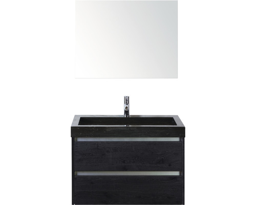 Badmöbel-Set Sanox Dante BxHxT 81 x 170 x 45,5 cm Frontfarbe black oak mit Waschtisch Naturstein schwarz und Naturstein-Waschtisch Spiegel Waschtischunterschrank
