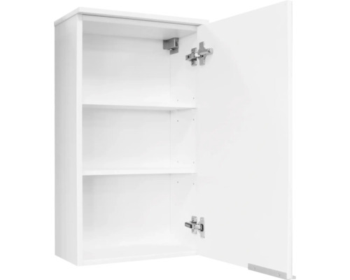 Offener weißer Spiegelschrank mit zwei Einlegeböden