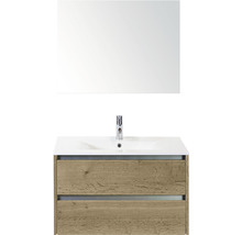 Badmöbel-Set Sanox Dante BxHxT 81 x 170 x 46 cm Frontfarbe eiche natur mit Waschtisch Keramik weiß und Keramik-Waschtisch Spiegel Waschtischunterschrank