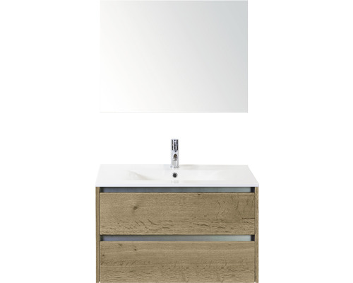 Badmöbel-Set Sanox Dante BxHxT 81 x 170 x 46 cm Frontfarbe eiche natur mit Waschtisch Keramik weiß und Keramik-Waschtisch Spiegel Waschtischunterschrank