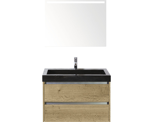 Badmöbel-Set Sanox Dante BxHxT 81 x 170 x 45,5 cm Frontfarbe eiche natur mit Waschtisch Naturstein schwarz und Naturstein-Waschtisch Spiegel mit LED-Beleuchtung Waschtischunterschrank