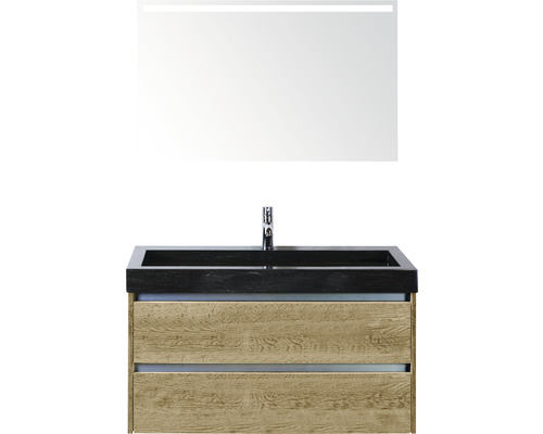 Badmöbel-Set Sanox Dante BxHxT 101 x 170 x 45,5 cm Frontfarbe eiche natur mit Waschtisch Naturstein schwarz und Naturstein-Waschtisch Spiegel mit LED-Beleuchtung Waschtischunterschrank