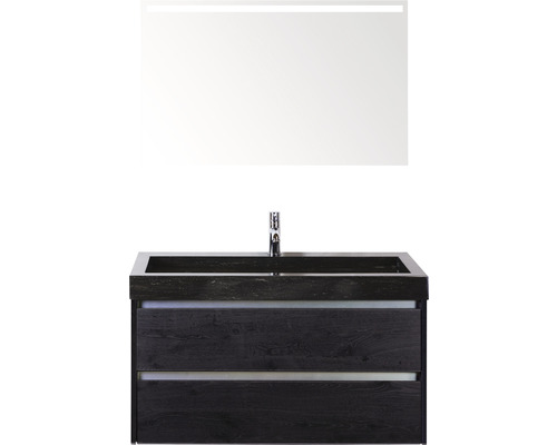 Badmöbel-Set Sanox Dante BxHxT 101 x 170 x 45,5 cm Frontfarbe black oak mit Waschtisch Naturstein schwarz und Naturstein-Waschtisch Spiegel mit LED-Beleuchtung Waschtischunterschrank