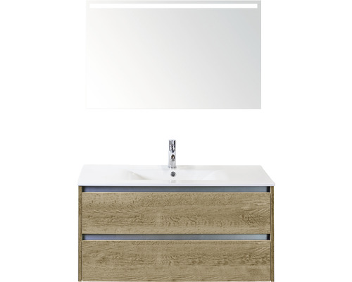 Badmöbel-Set Sanox Dante BxHxT 101 x 170 x 46 cm Frontfarbe eiche natur mit Waschtisch Keramik weiß und Keramik-Waschtisch Spiegel mit LED-Beleuchtung Waschtischunterschrank