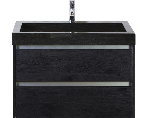 Einzelbadmöbel Sanox Dante BxHxT 81 x 170 x 45,5 cm Frontfarbe black oak mit Waschtisch Naturstein schwarz und Waschtischunterschrank Waschtisch Spiegel mit LED-Beleuchtung 81706349