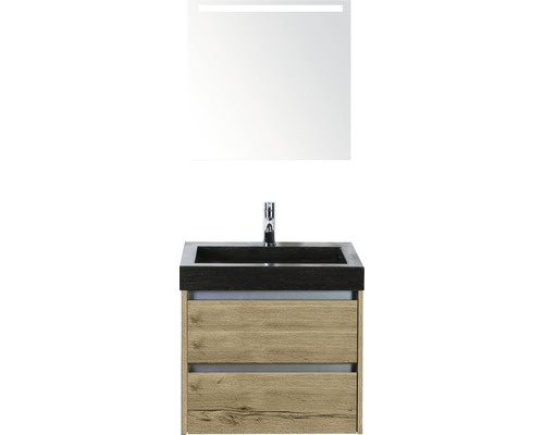 Badmöbel-Set Sanox Dante BxHxT 61 x 170 x 45,5 cm Frontfarbe eiche natur mit Waschtisch Naturstein schwarz und Naturstein-Waschtisch Spiegel mit LED-Beleuchtung Waschtischunterschrank