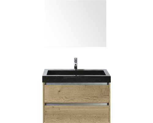Badmöbel-Set Sanox Dante BxHxT 81 x 170 x 45,5 cm Frontfarbe eiche natur mit Waschtisch Naturstein schwarz und Naturstein-Waschtisch Spiegel Waschtischunterschrank