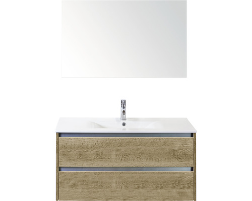 Badmöbel-Set Sanox Dante BxHxT 101 x 170 x 46 cm Frontfarbe eiche natur mit Waschtisch Keramik weiß und Keramik-Waschtisch Spiegel Waschtischunterschrank