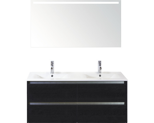 Badmöbel-Set Sanox Dante BxHxT 121 x 170 x 46 cm Frontfarbe black oak mit Waschtisch Keramik weiß und Keramik-Doppelwaschtisch Spiegel mit LED-Beleuchtung Waschtischunterschrank