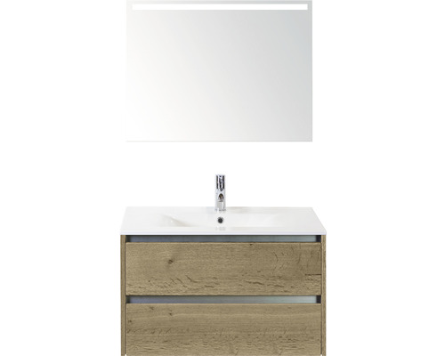 Badmöbel-Set Sanox Dante BxHxT 81 x 170 x 46 cm Frontfarbe eiche natur mit Waschtisch Keramik weiß und Keramik-Waschtisch Spiegel mit LED-Beleuchtung Waschtischunterschrank