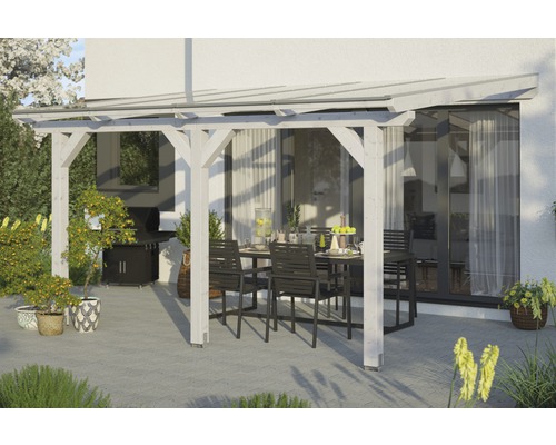 Terrassenüberdachung SKAN HOLZ Andria 434x250 cm weiß Überdachte Holzterrasse mit Esstisch und Grill