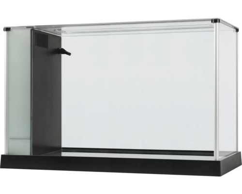 Leeres Aquarium mit Glaswänden und schwarzem Sockel