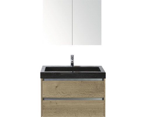 Badmöbel-Set Sanox Dante BxHxT 81 x 170 x 45,5 cm Frontfarbe eiche natur mit Waschtisch Naturstein schwarz Badmöbel-Set Sanox Dante BxHxT 81 x 170 x 45,5 cm Frontfarbe eiche natur mit Waschtisch Naturstein schwarz