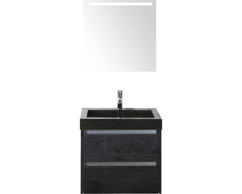 Badmöbel-Set Sanox Dante BxHxT 61 x 170 x 45,5 cm Frontfarbe black oak mit Waschtisch Naturstein schwarz und Naturstein-Waschtisch Spiegel mit LED-Beleuchtung Waschtischunterschrank