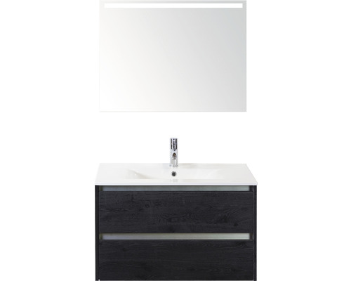 Badmöbel-Set Sanox Dante BxHxT 81 x 170 x 46 cm Frontfarbe black oak mit Waschtisch Keramik weiß und Keramik-Waschtisch Spiegel mit LED-Beleuchtung Waschtischunterschrank