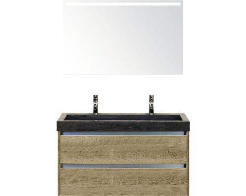 Badmöbel-Set Sanox Dante BxHxT 101 x 170 x 45,5 cm Frontfarbe eiche natur mit Waschtisch Naturstein schwarz und Naturstein-Doppelwaschtisch Spiegel mit LED-Beleuchtung Waschtischunterschrank
