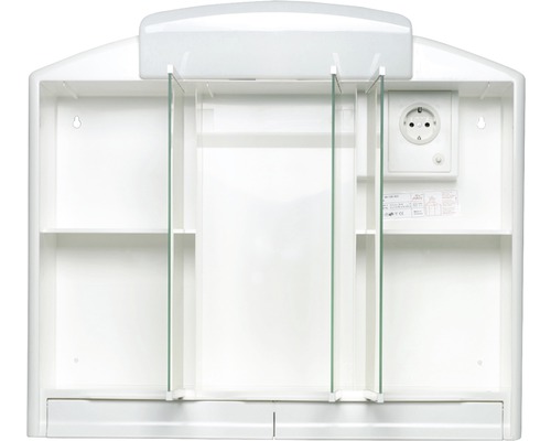 Weißer Spiegelschrank mit Einlegeböden und Steckdose