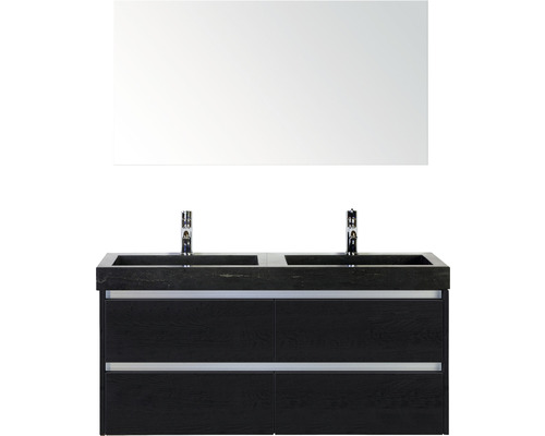Badmöbel-Set Sanox Dante BxHxT 121 x 170 x 45,5 cm Frontfarbe black oak mit Waschtisch Naturstein schwarz und Naturstein-Doppelwaschtisch Spiegel Waschtischunterschrank