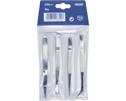 Vierteiliges Pinzetten Set aus Edelstahl in transparenter Verpackung