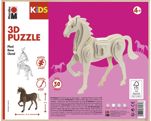Marabu 3D Puzzle Pferd aus Holz, 30 Teile, ab 4 Jahren