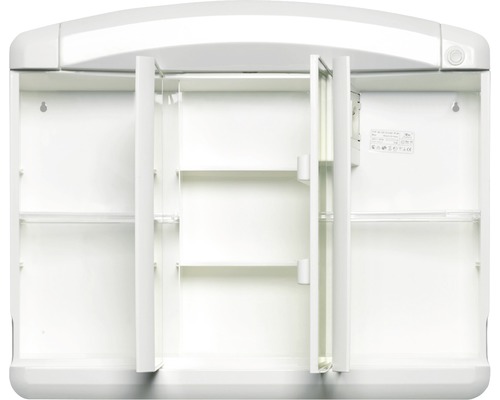 Weißer Spiegelschrank mit drei Türen und Innenregalen für das Badezimmer