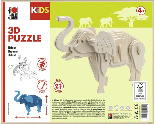Marabu 3D Puzzle Elefant aus Holz, 27 Teile