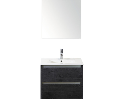 Badmöbel-Set Sanox Dante BxHxT 61 x 170 x 46 cm Frontfarbe black oak mit Waschtisch Keramik weiß und Keramik-Waschtisch Spiegel Waschtischunterschrank