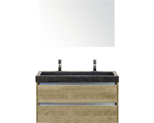 Badmöbel-Set Sanox Dante BxHxT 101 x 170 x 45,5 cm Frontfarbe eiche natur mit Waschtisch Naturstein schwarz und Naturstein-Doppelwaschtisch Spiegel Waschtischunterschrank
