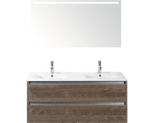 Badmöbel-Set Sanox Dante BxHxT 121 x 170 x 46 cm Frontfarbe tabacco mit Waschtisch Keramik weiß und Keramik-Doppelwaschtisch Spiegel mit LED-Beleuchtung Waschtischunterschrank