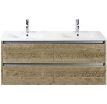 Waschtischunterschrank mit Doppelwaschbecken und Holzoptik