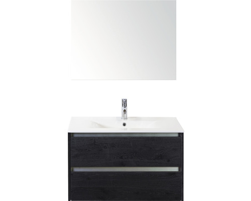 Badmöbel-Set Sanox Dante BxHxT 81 x 170 x 46 cm Frontfarbe black oak mit Waschtisch Keramik weiß und Keramik-Waschtisch Spiegel Waschtischunterschrank