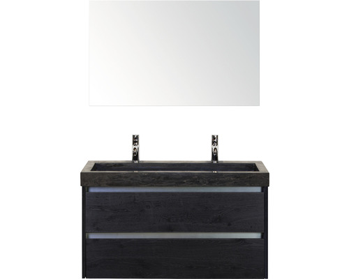 Badmöbel-Set Sanox Dante BxHxT 101 x 170 x 45,5 cm Frontfarbe black oak mit Waschtisch Naturstein schwarz und Naturstein-Doppelwaschtisch Spiegel Waschtischunterschrank