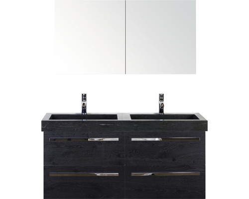 Badmöbel-Set Sanox Seville BxHxT 121 x 170 x 45,5 cm Frontfarbe schwarz eiche mit Waschtisch Naturstein schwarz