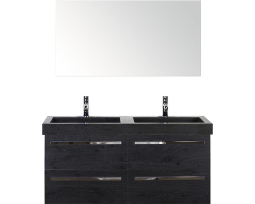 Badmöbel-Set Sanox Seville BxHxT 121 x 170 x 45,5 cm Frontfarbe schwarz eiche mit Waschtisch Naturstein schwarz und Naturstein-Doppelwaschtisch Waschtischunterschrank Spiegel Badezimmer mit Doppelwaschtischunterschrank aus Holz und Spiegel