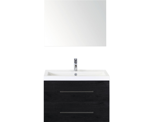 Badmöbel-Set Sanox Straight BxHxT 80 x 170 x 40 cm Frontfarbe black oak mit Waschtisch Mineralguss weiß und Mineralguss-Waschtisch Spiegel Waschtischunterschrank