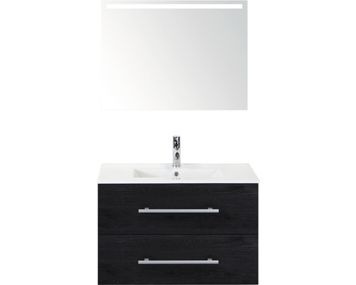 Badmöbel-Set Sanox Stretto BxHxT 81 x 170 x 39 cm Frontfarbe black oak mit Waschtisch Keramik weiß und Keramik-Waschtisch Spiegel mit LED-Beleuchtung Waschtischunterschrank