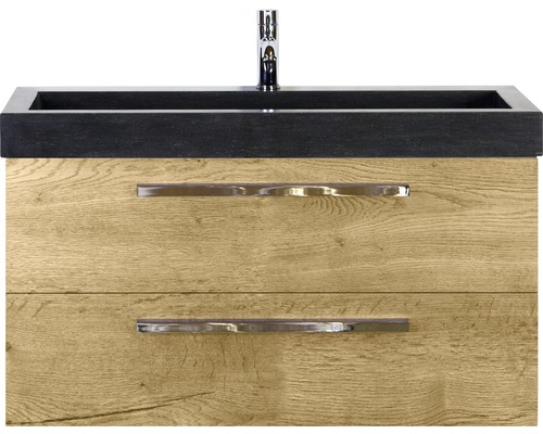Einzelbadmöbel Sanox Seville BxHxT 101 x 58 x 45,5 cm Frontfarbe eiche natur mit Waschtisch Naturstein schwarz 81702527 Waschtischunterschrank mit zwei Schubladen, Waschbecken und Armatur